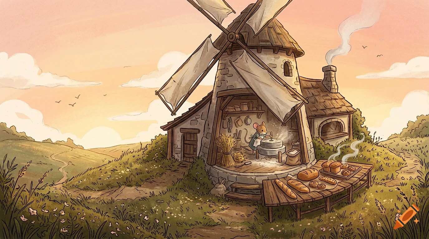 An illustrated digital painting of a cute mouse operating a mill inside a stone windmill, with freshly baked bread on a wooden table outside.