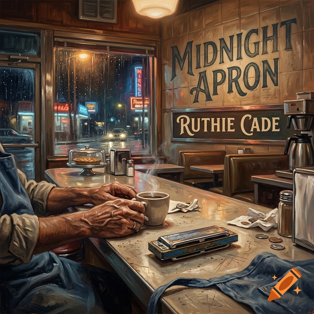 A person sitting at a diner counter at night, holding a steaming mug of coffee, with a harmonica on the counter and lettering on the wall reading Midnight Apron and Ruthie Cade.