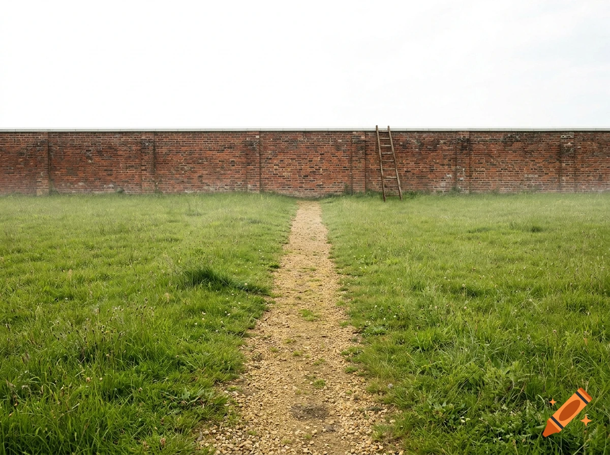 Photorealistic image of a narrow gravel path through a green grassy field leading to a long red brick wall with a wooden ladder leaning against it.