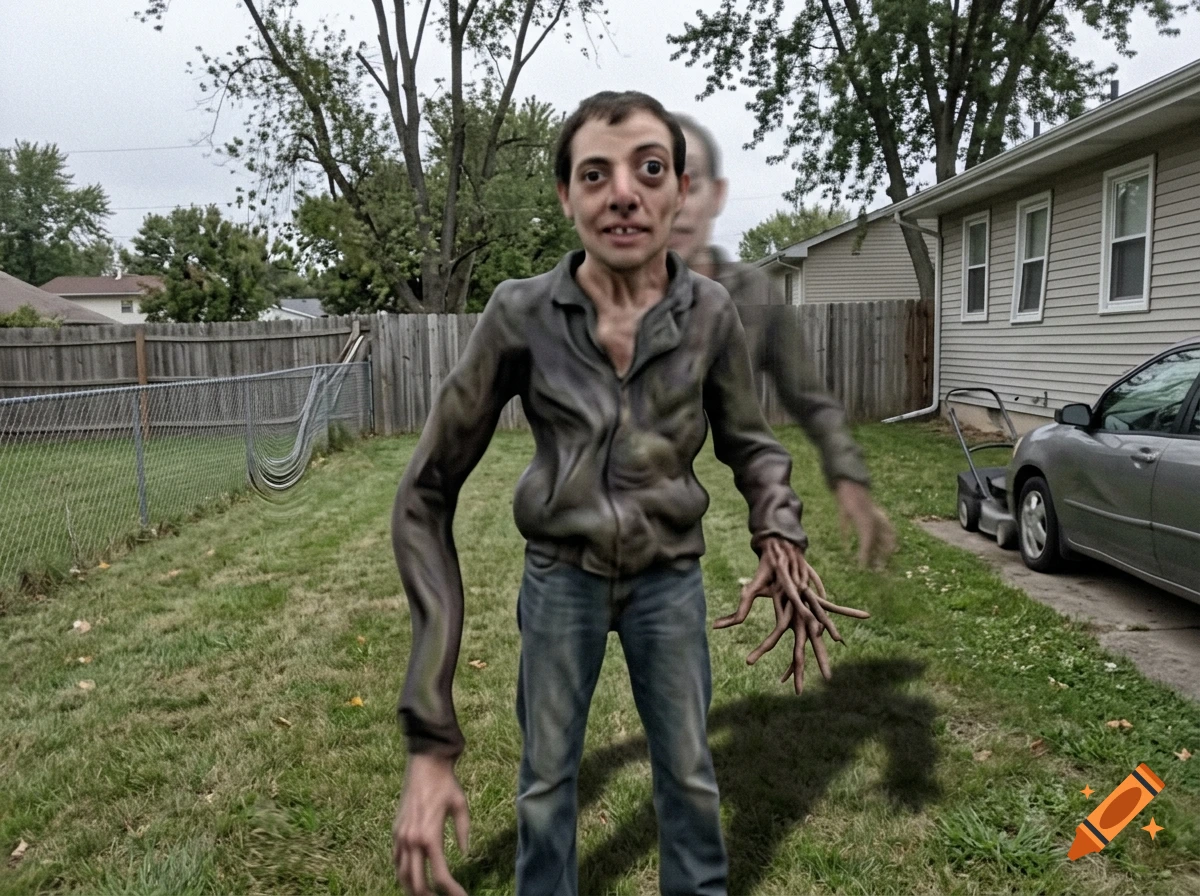 Surreal AI-generated image of a distorted humanoid creature with elongated limbs standing in a suburban backyard.