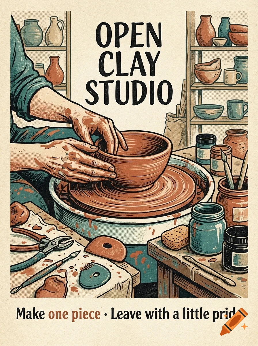 An illustrated poster for an open clay studio showing a person shaping a clay bowl on a pottery wheel, surrounded by pottery tools, shelves with finished pots, and the text OPEN CLAY STUDIO.