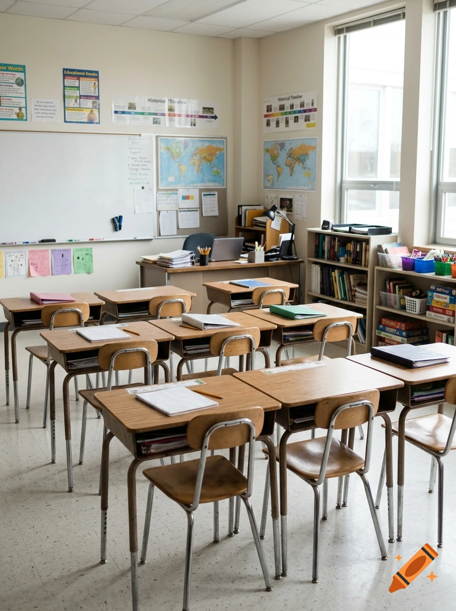 An empty classroom with rows of wooden student desks, a whiteboard, world maps on the wall, and bookshelves.