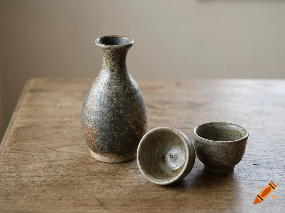 A rustic ceramic sake bottle and two matching cups on a wooden surface.