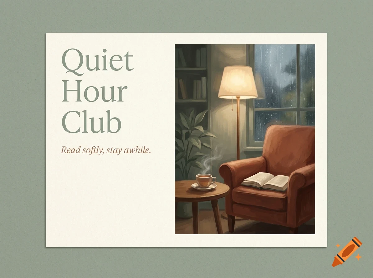An illustration of a cozy indoor reading nook with text reading Quiet Hour Club.