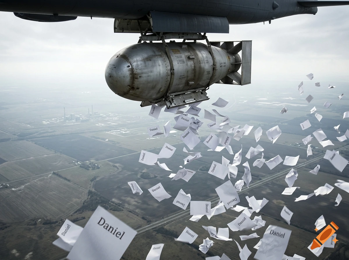 An atomic bomb flying over a landscape, dropping papers that bear the name Daniel.