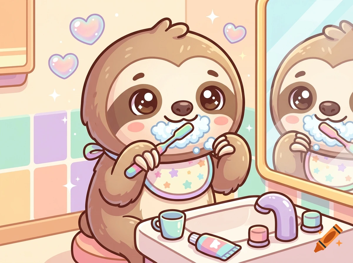 A cute kawaii sloth brushing its teeth in front of a mirror, digital illustration.