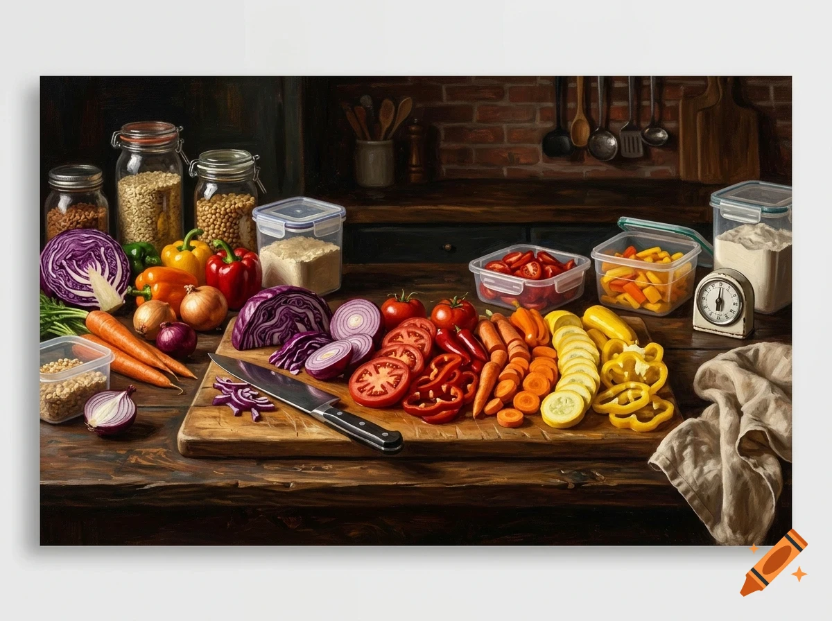 An oil painting of a rustic wooden kitchen counter filled with fresh vegetables, glass jars, storage containers, and a cutting board with a knife.