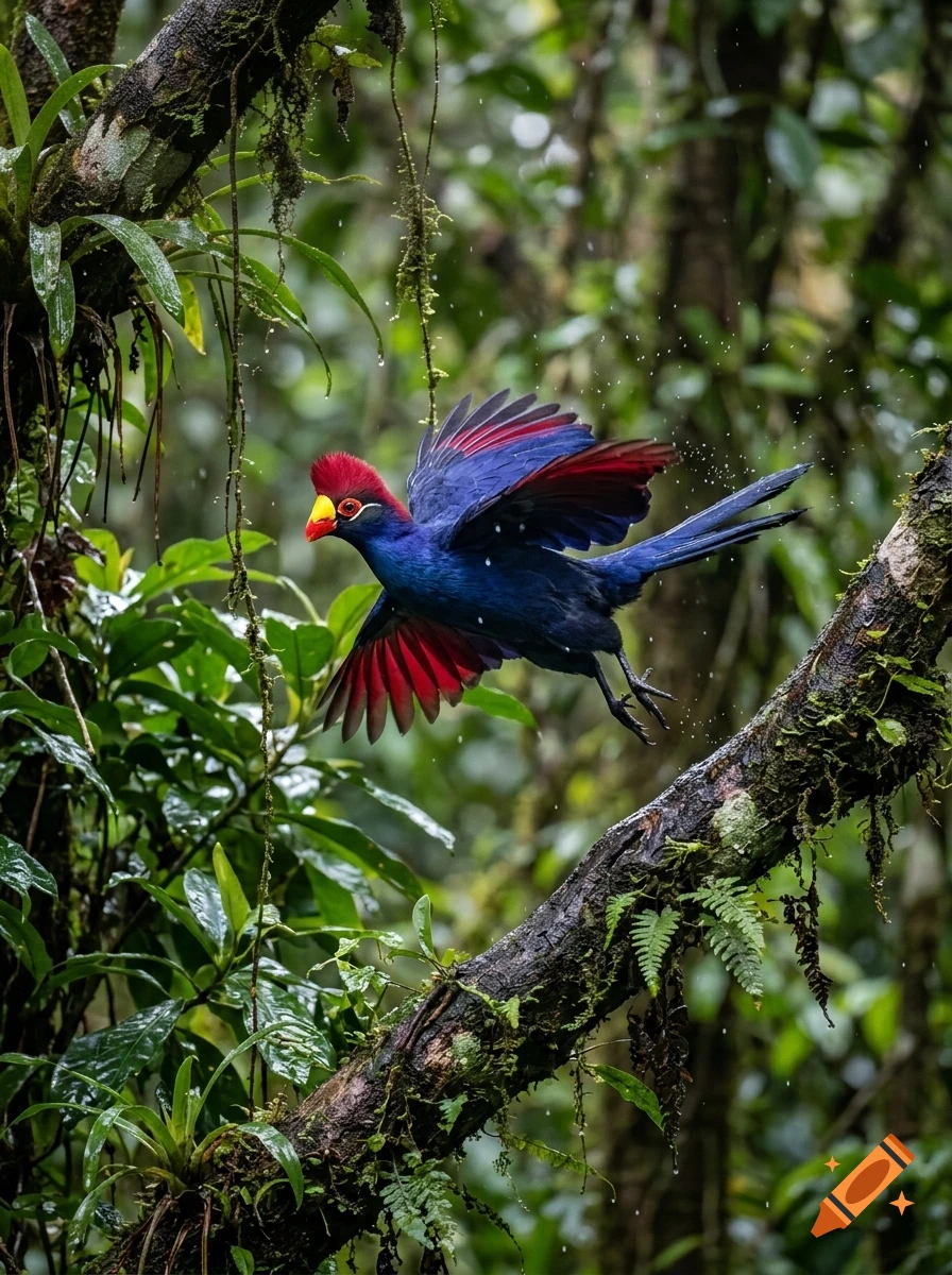 A vibrant blue and red bird in flight through a lush green jungle