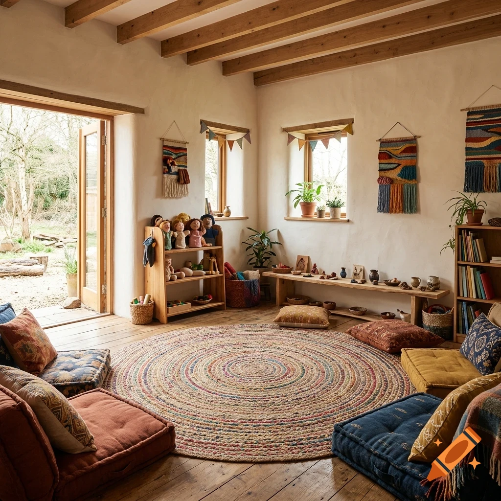 A cozy, sunlit playroom or classroom interior featuring a large round braided rug, floor cushions, wooden shelving with toys, and textile wall hangings.