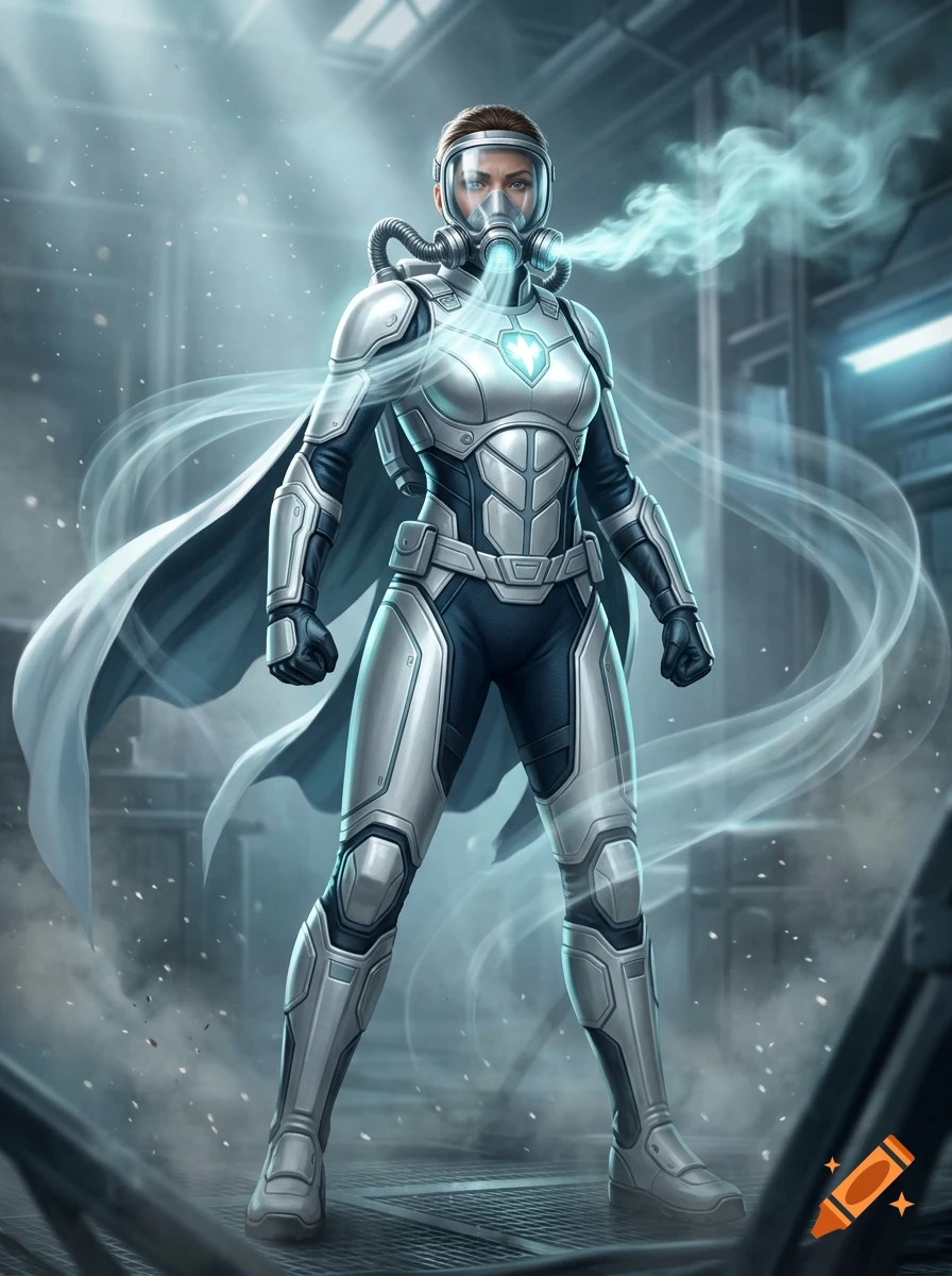 Digital illustration of a female superhero in a futuristic white and black armored suit with a gas mask, emitting vapor.