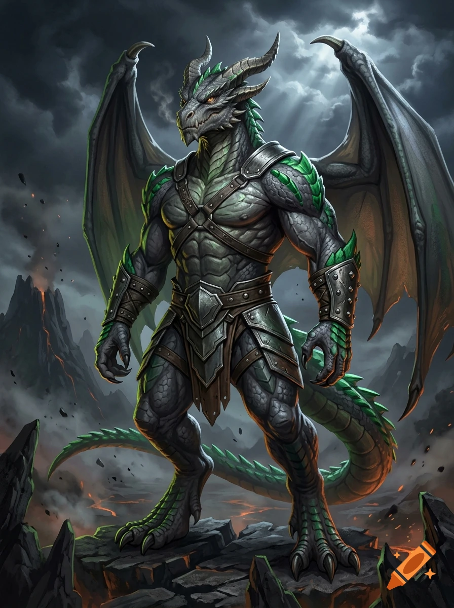 Digital illustration of a muscular gray and green humanoid dragon in armor standing on rocky ground under a dark sky.