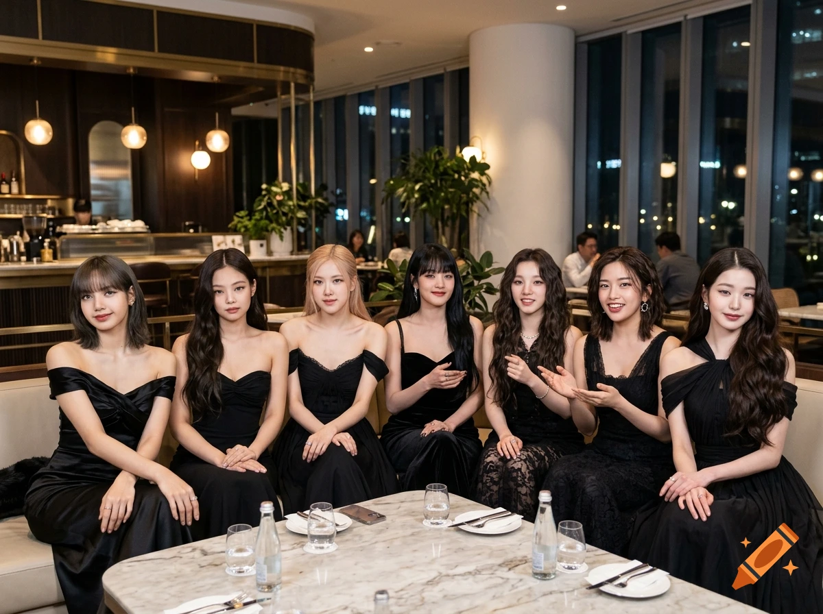 Photorealistic group portrait of seven female K-pop idols sitting around a marble table in an upscale restaurant, wearing black evening gowns.