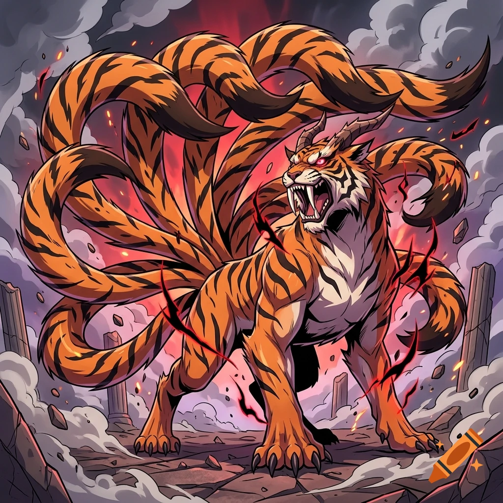 An anime-style illustration of a fierce orange-striped tiger-like creature with multiple tails and horns, standing amidst rubble and smoke.