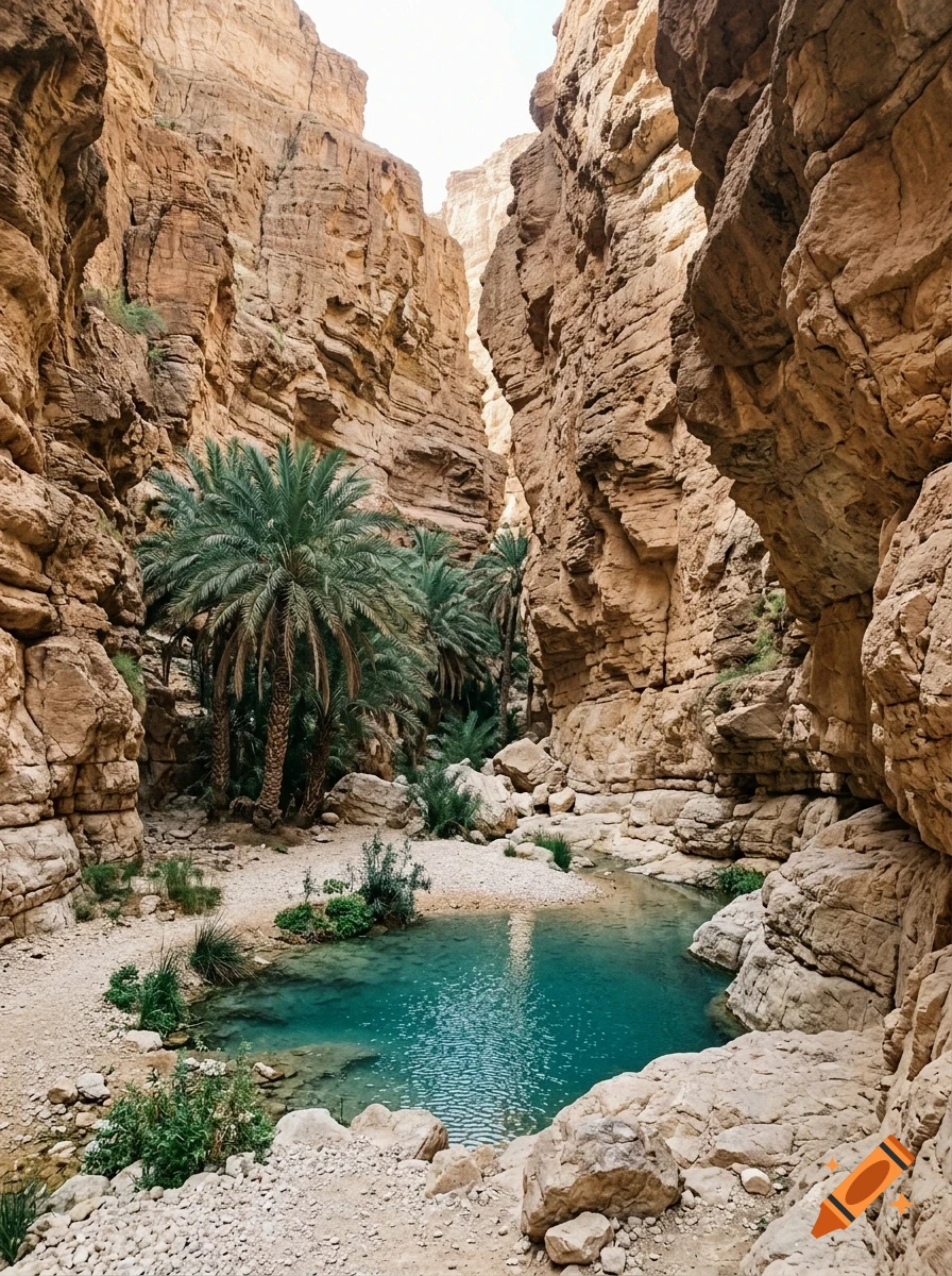A crystal-clear turquoise pool of water nestled inside a deep desert canyon with tall rocky cliffs and palm trees.