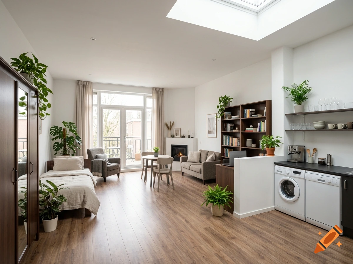 Photorealistic spacious open-concept living room and kitchen area with light wooden floors, plants, skylight, and large windows.