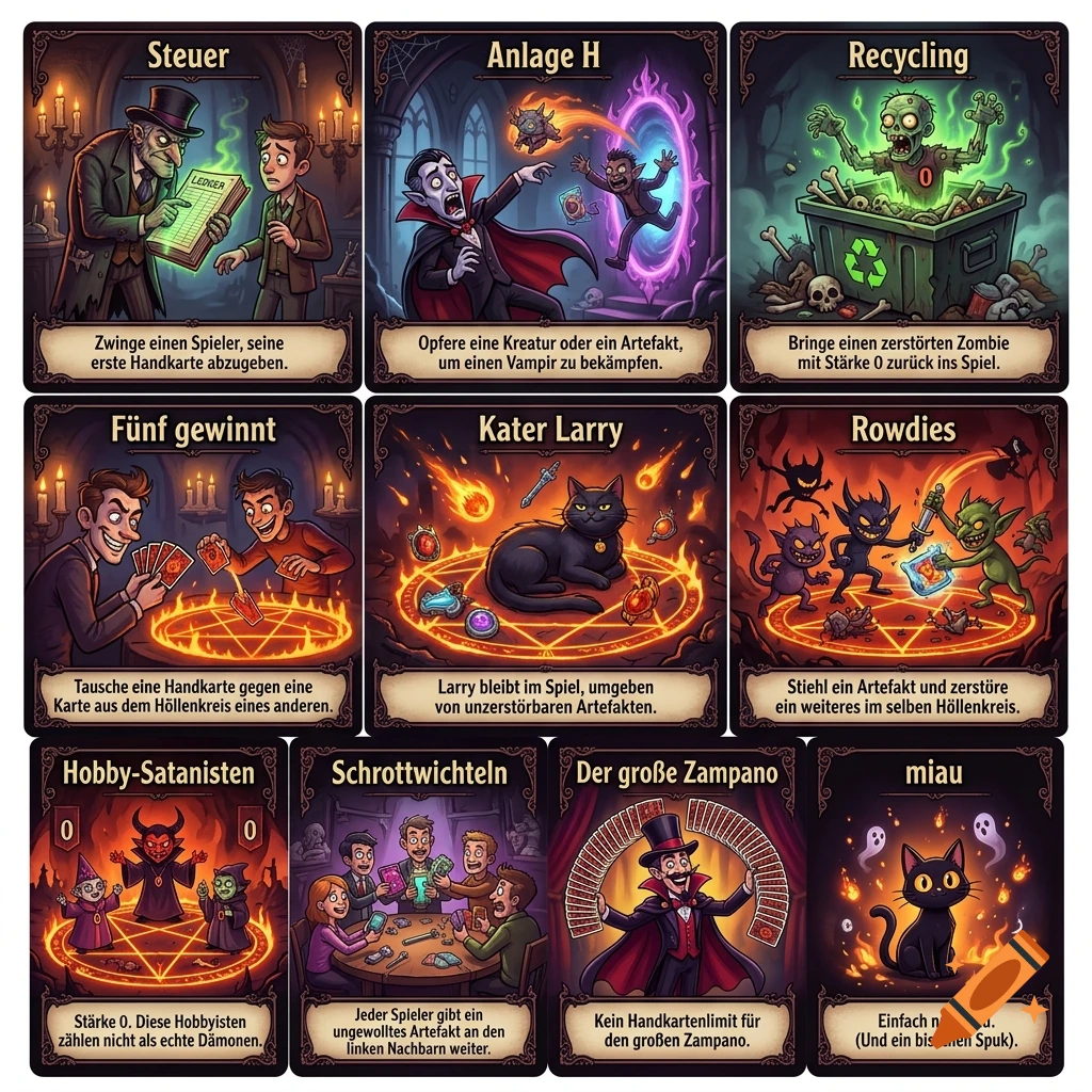 Grid of nine comic-style fantasy card illustrations featuring demons, vampires, zombies, cats, and spooky themes.