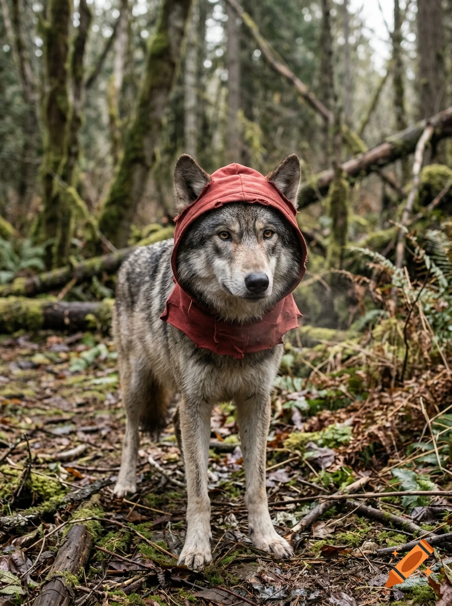 A photorealistic grey wolf standing in a mossy forest, wearing a tattered red hood.