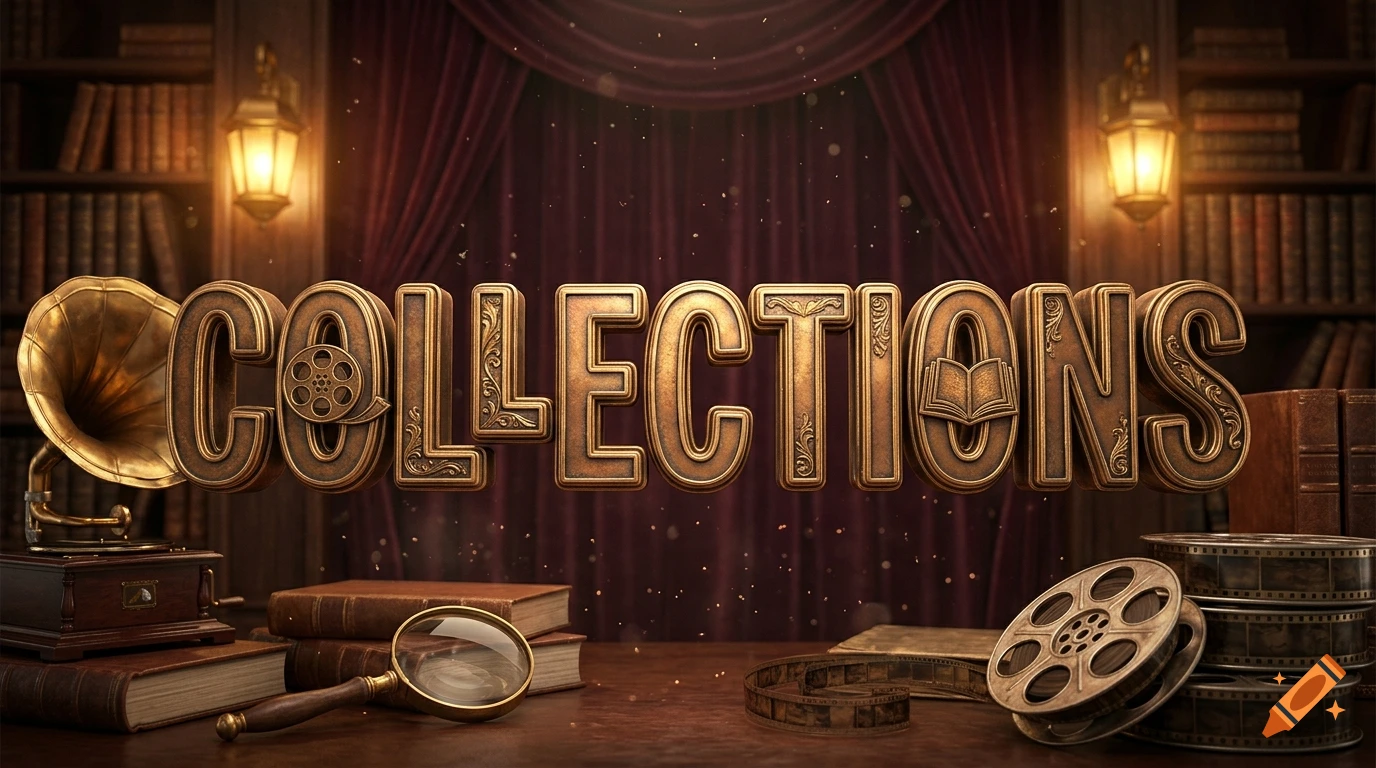 3D metallic gold letters spelling COLLECTIONS in a vintage library setting with a gramophone and film reels.