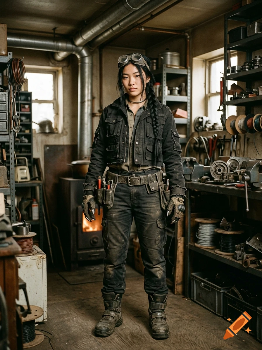 Photorealistic full-body portrait of a young woman with a braided ponytail and goggles, wearing a black cargo jacket and tool belt in a cluttered workshop.