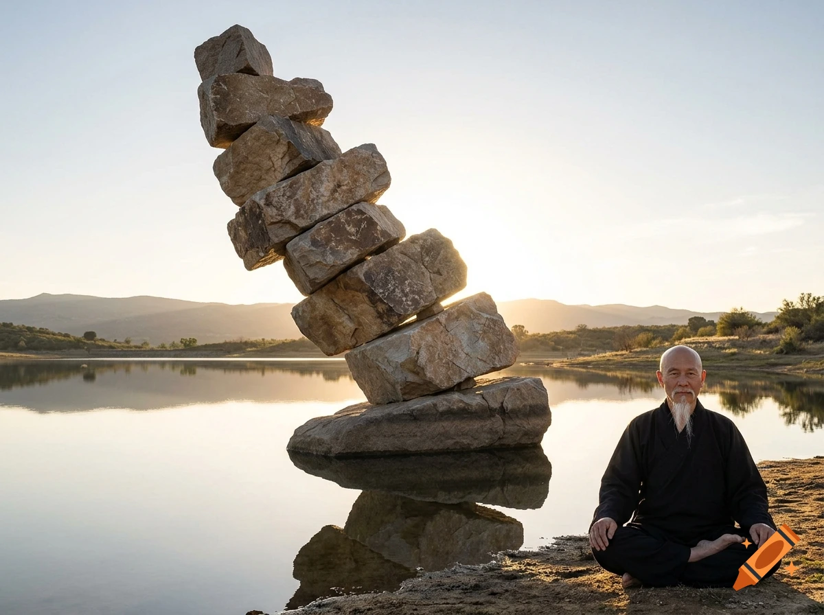 Photorealistic image of a bald elderly man sitting in meditation by a serene lake, beside a towering sculpture of balanced rocks.