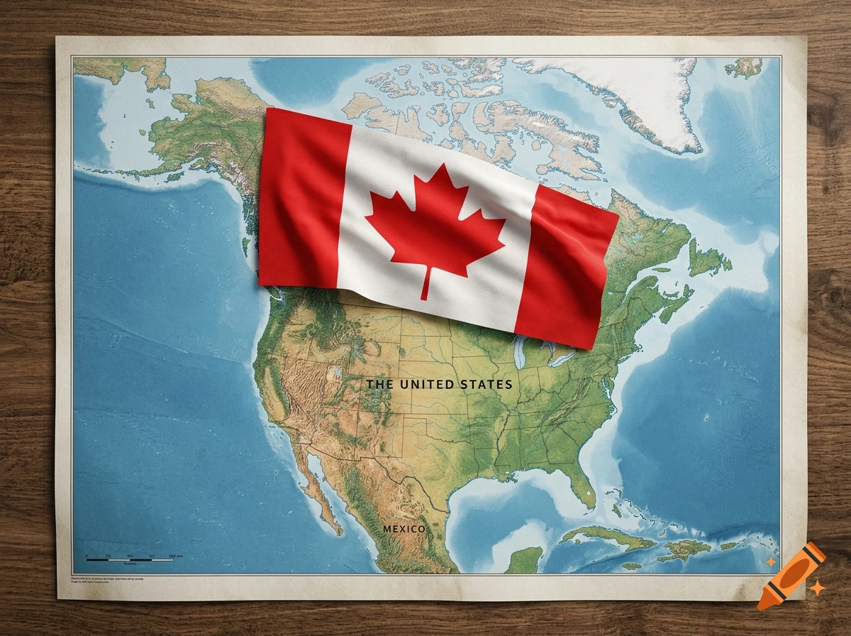 Top-down view of a vintage map of North America on a wooden table, with a Canadian flag draped over Canada.