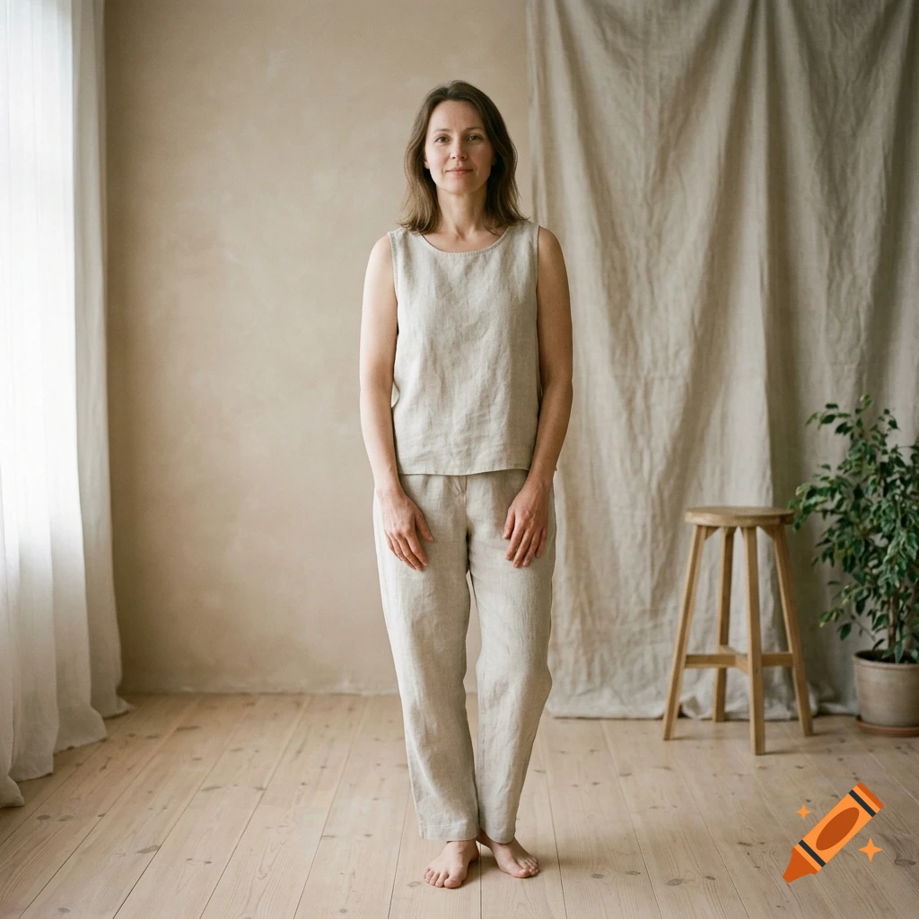 Photorealistic full-length portrait of a woman standing in a minimalist room wearing linen clothes.