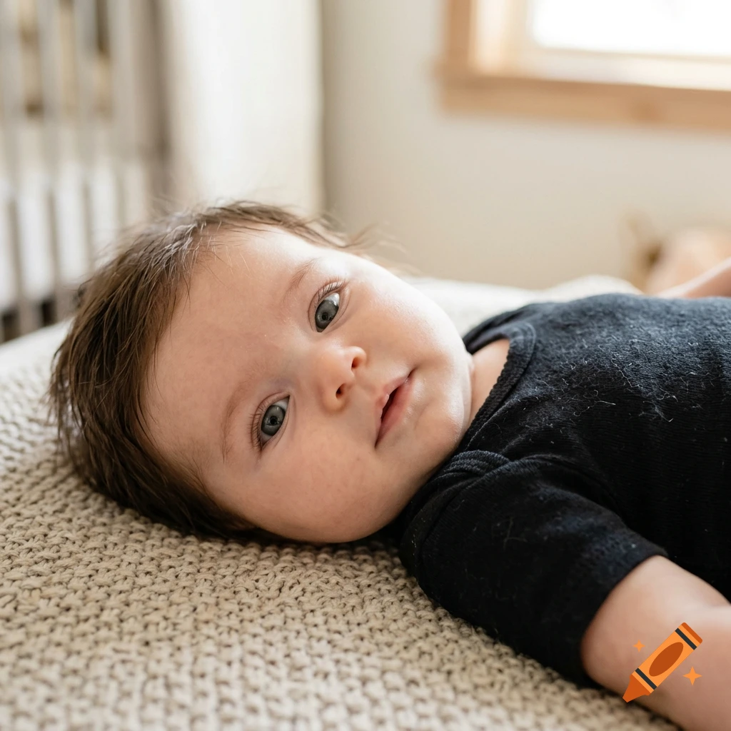 Close-up photorealistic portrait of an infant with dark hair and grey eyes lying on a textured blanket.