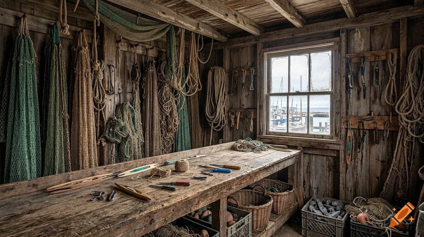 An interior shot of a rustic wooden shack filled with fishing nets, ropes, and a workbench with tools.