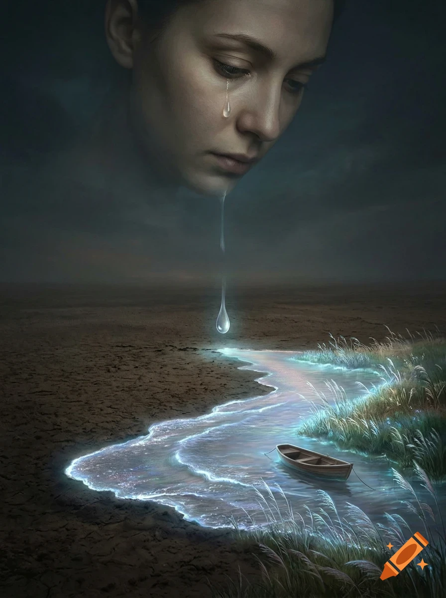 Surreal digital artwork of a giant woman crying a single glowing tear that falls into a dry landscape, forming a glowing river with a small boat.