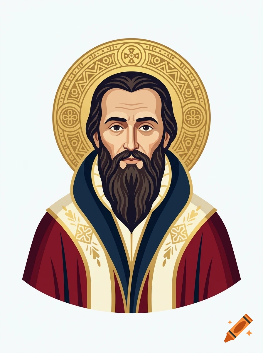 Byzantine-style icon portrait of William Tyndale with a halo, dark beard, and traditional robes.