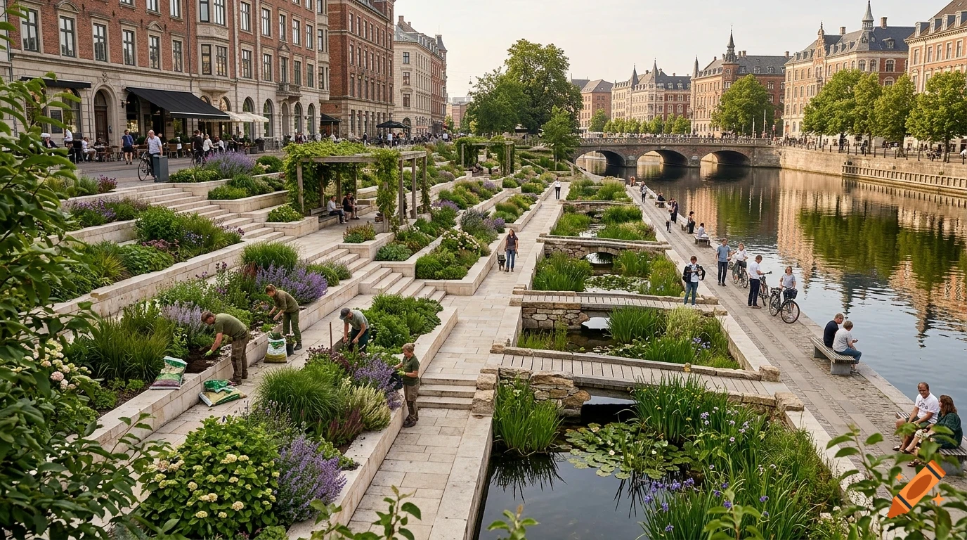A photograph of a landscaped urban canal park with stepped gardens, plantings, a waterway, and people walking and tending to the gardens.