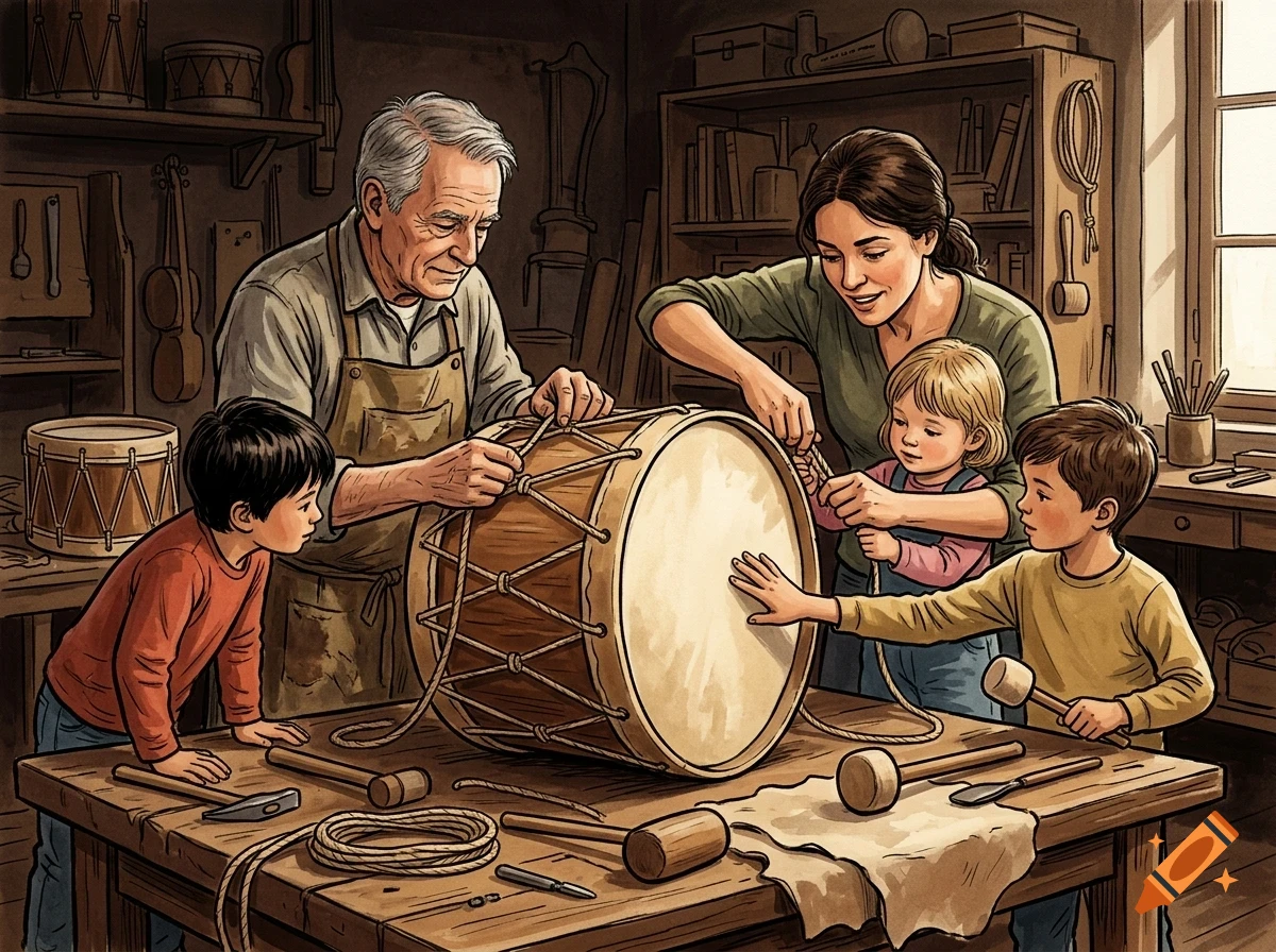 An elderly craftsman, a woman, and three children assemble a traditional drum in a rustic workshop.