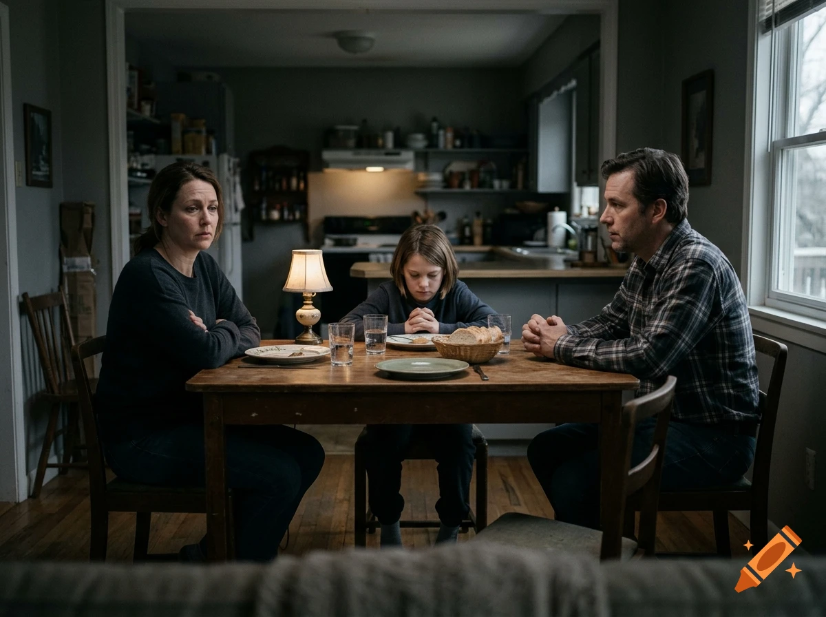 A tense family with a man, woman, and child sitting around a wooden dining table in a dark, quiet kitchen.