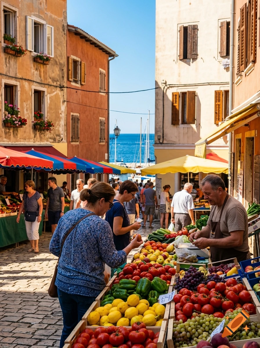 Busy outdoor market street in a coastal European town with colorful fruit and vegetable stalls, historic buildings, and sea view in the background.