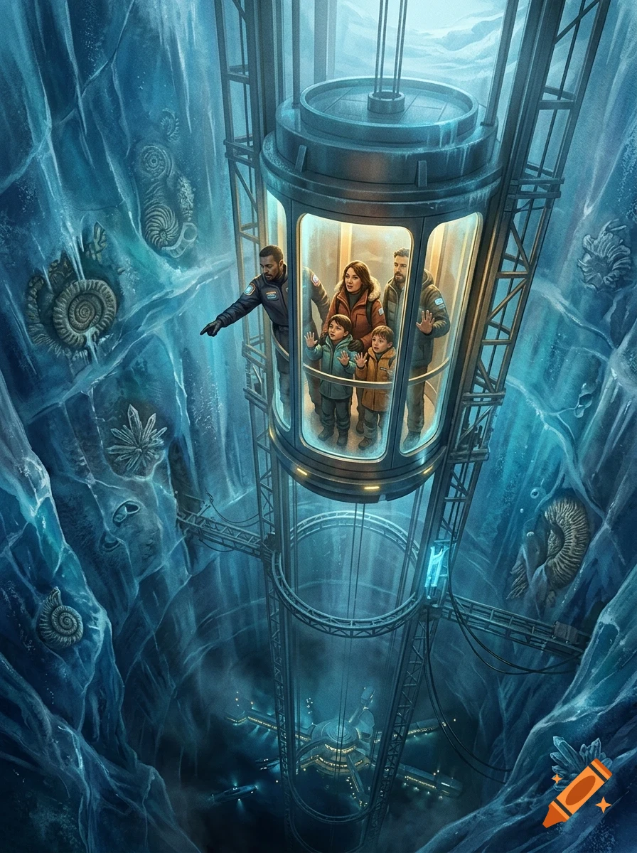 An elevator car with a family and guide inside descends through an icy shaft embedded with fossils and crystals.