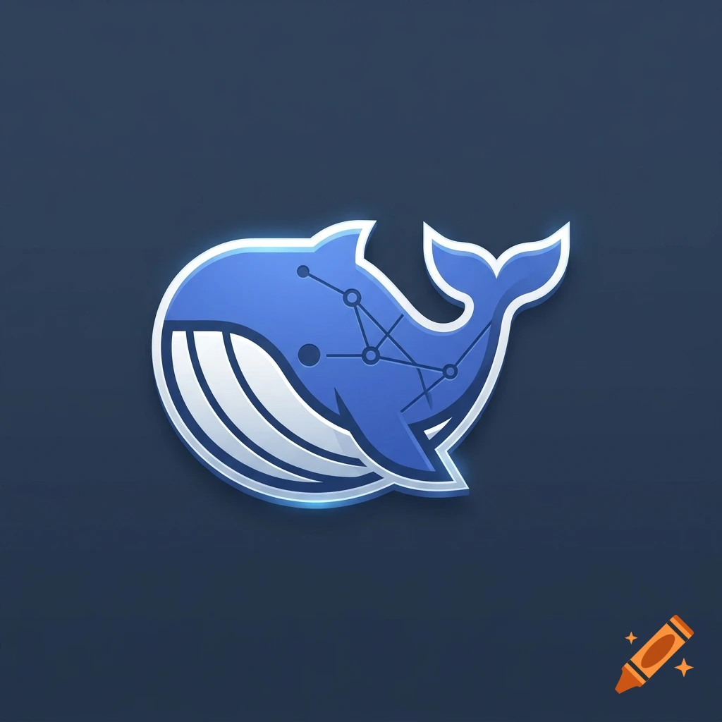 Blue whale logo icon with white trim and network nodes on a dark slate blue background, 2D flat vector style.