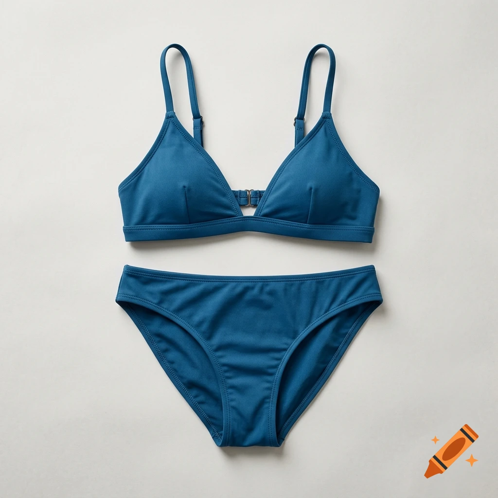 A two-piece blue bikini laid out flat on a neutral background, photorealistic style.