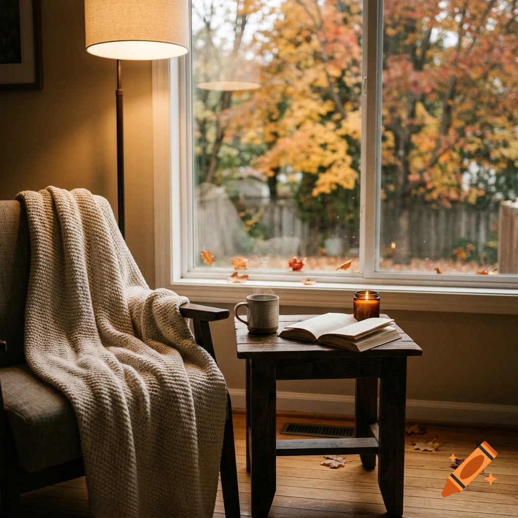 Cozy living room with an armchair draped in a white knit blanket, a side table with a cup of coffee and a lit candle, and a large window showing autumn trees with colorful leaves.