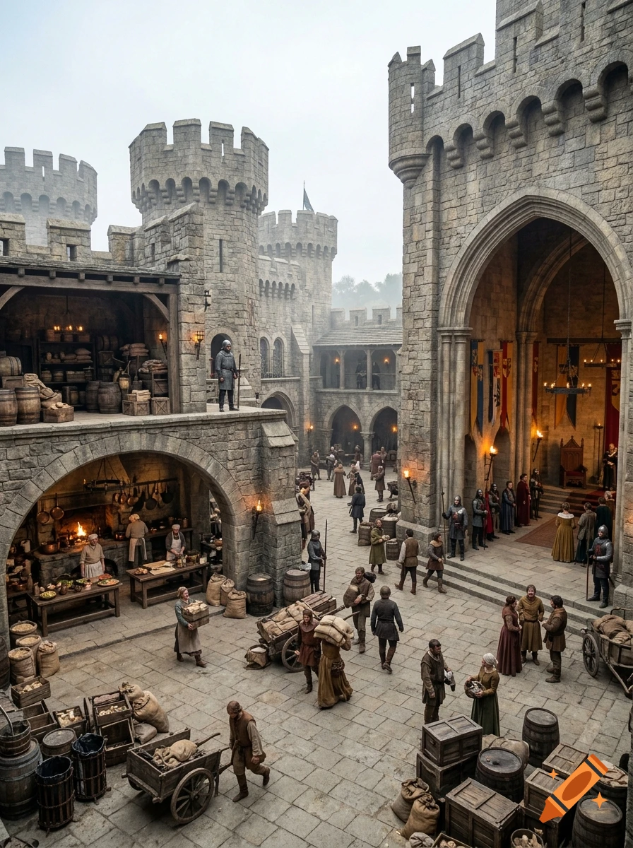 Photorealistic image of a bustling medieval castle courtyard with stone walls, towers, a kitchen area, and people going about their day.