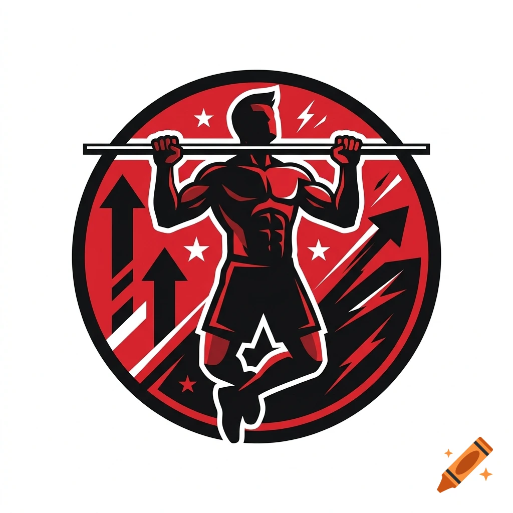 Red and black vector emblem of a muscular man doing pull ups on a bar, featuring upward arrows and stars.