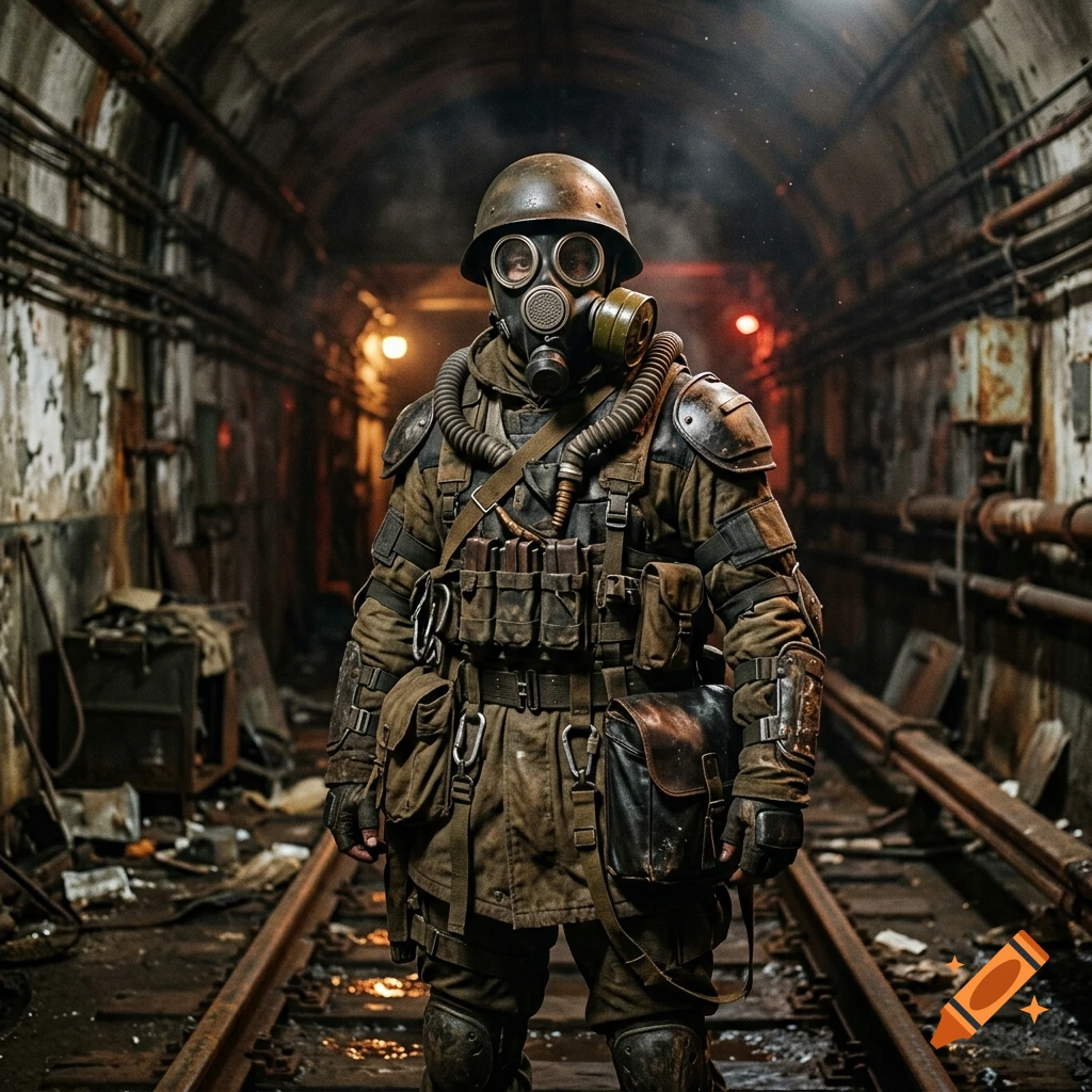 Photorealistic image of a post-apocalyptic Metro soldier in tactical gear and a gas mask standing in a dark, ruined tunnel.