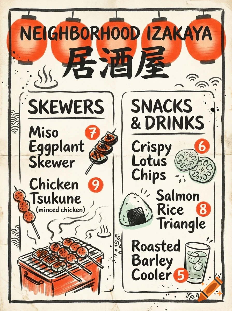 An illustrated Japanese izakaya menu featuring text headings, red lanterns, and sketches of skewers, snacks, and drinks.