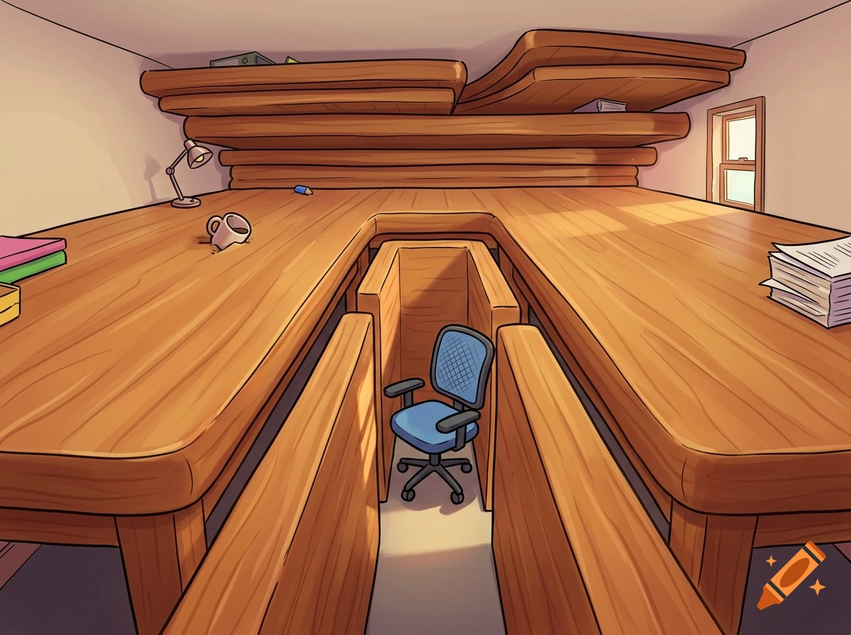 An exaggerated, comical room where the entire interior is made of massive wooden tables with a narrow center passageway and a blue office chair.