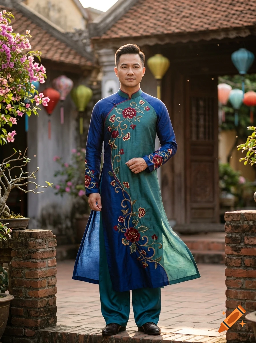 Photorealistic full-length portrait of a man wearing a traditional blue and green embroidered ao dai standing in an Asian courtyard.
