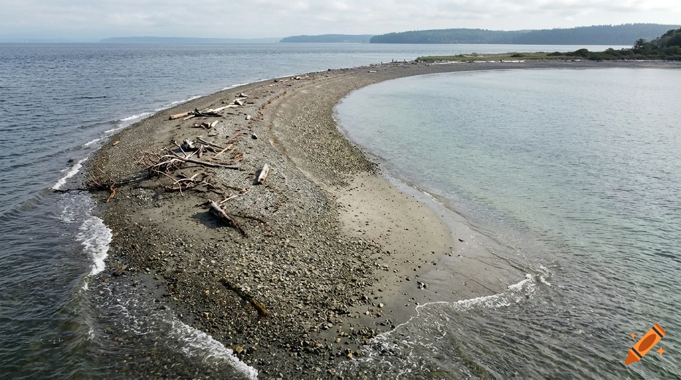 An aerial view of a curved gravel spit extending into the ocean with driftwood scattered along the shore.