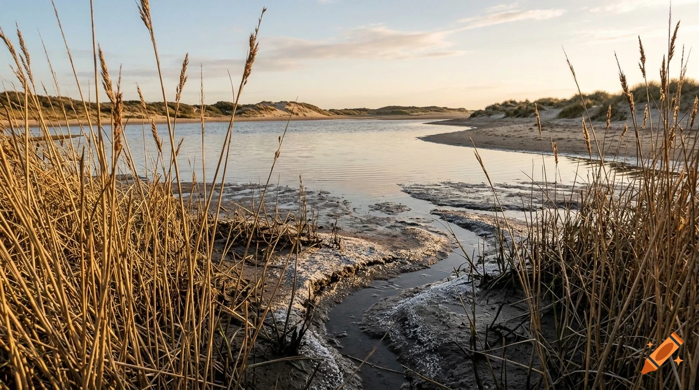 A photograph of a calm estuary at sunset with tall grass in the foreground.