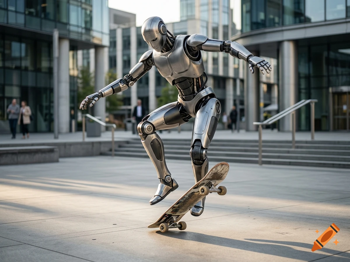 Photorealistic image of a metallic humanoid robot performing a skateboard trick in a modern urban plaza.