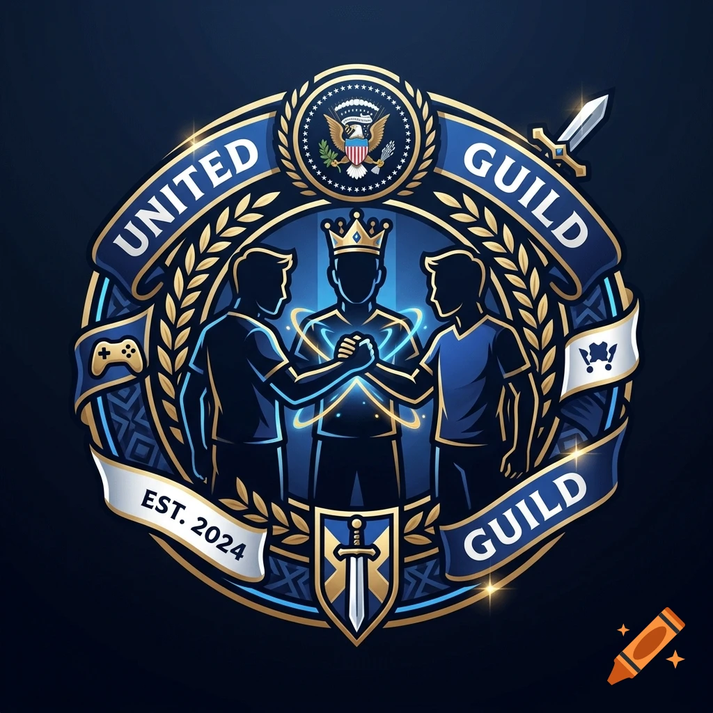 An ornate blue and gold gaming guild logo featuring three silhouetted figures shaking hands with text reading UNITED GUILD and EST. 2024.
