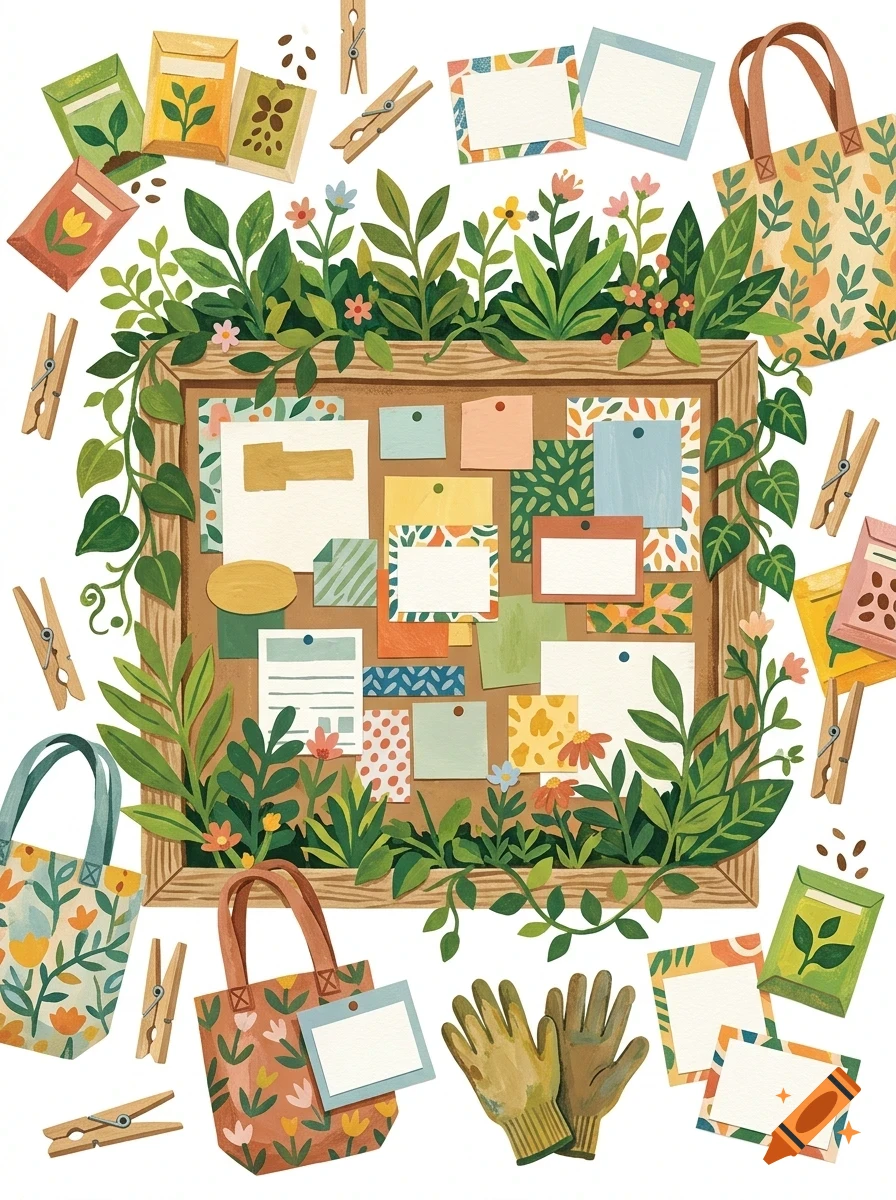 An illustrated corkboard surrounded by plants, seed packets, tote bags, gardening gloves, and clothespins.