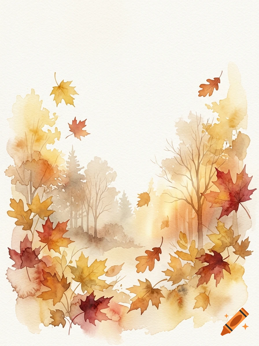 Watercolor autumn background with falling leaves and forest silhouette